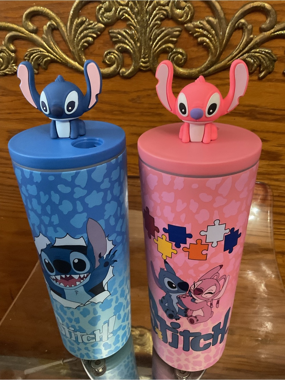 Blue & Pink Stitch Character Drink Bottles with Topper combo bundle